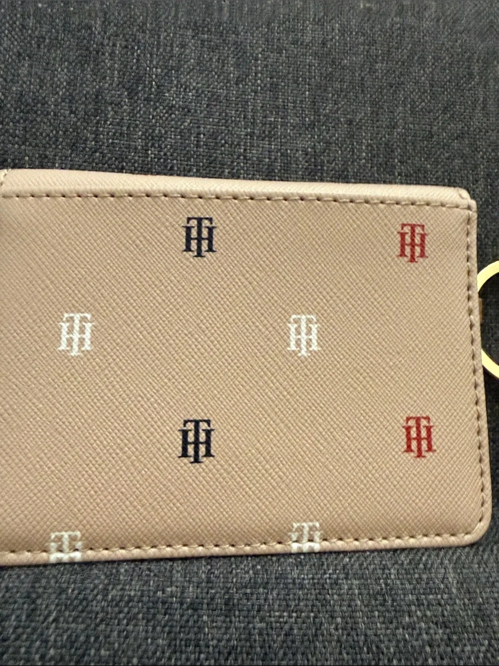 Tommy Hilfiger Beige Monogram Card Holder with Gold Plaque